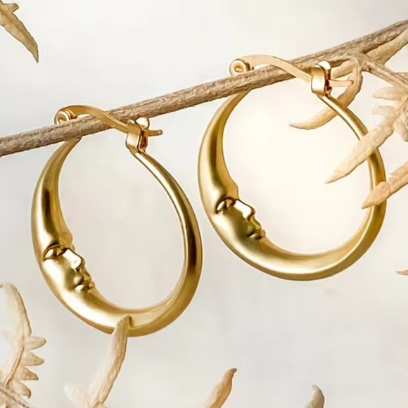 Crescent Moon Gold Hoop Earrings - Picture 2 of 3